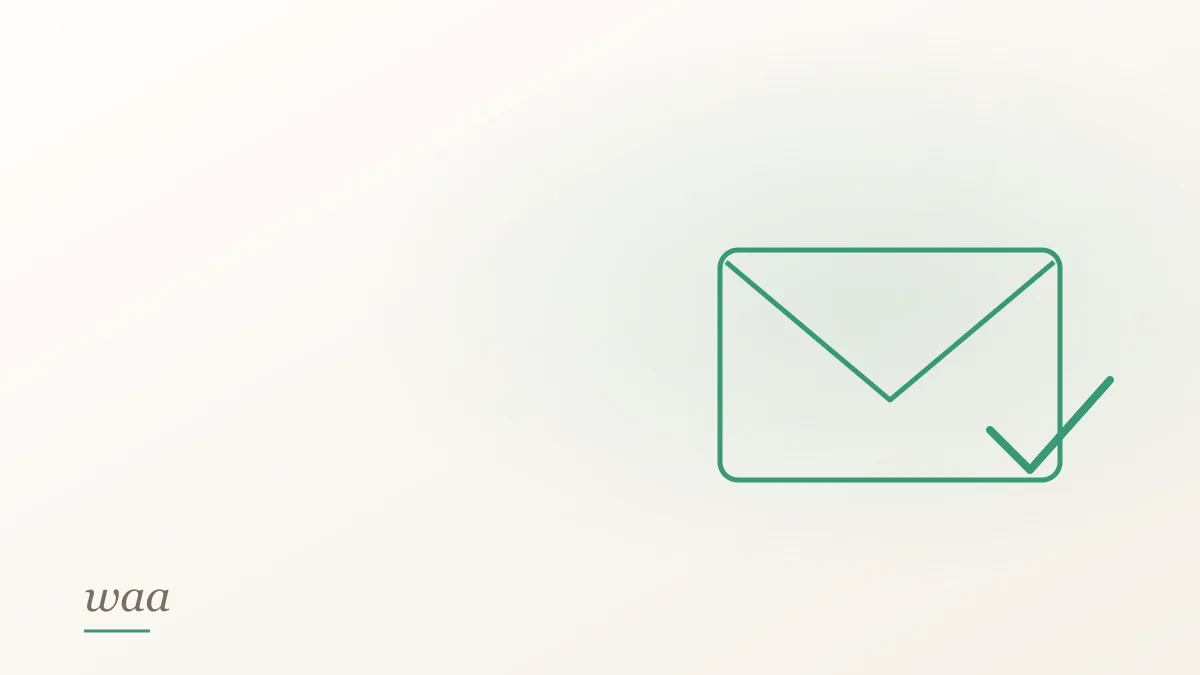 An envelope with a confirmation check, line drawing on a cream ground