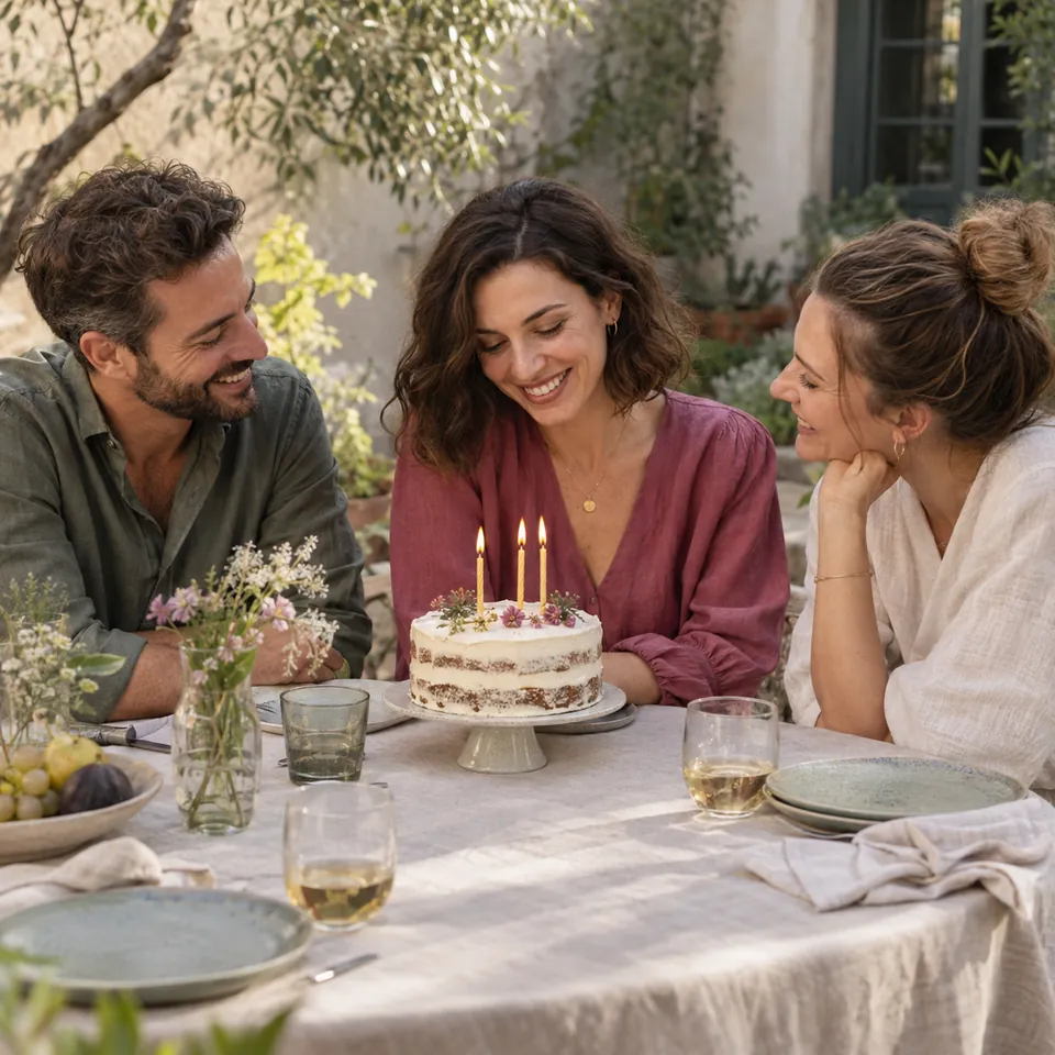 A birthday shared with friends at a garden table.
