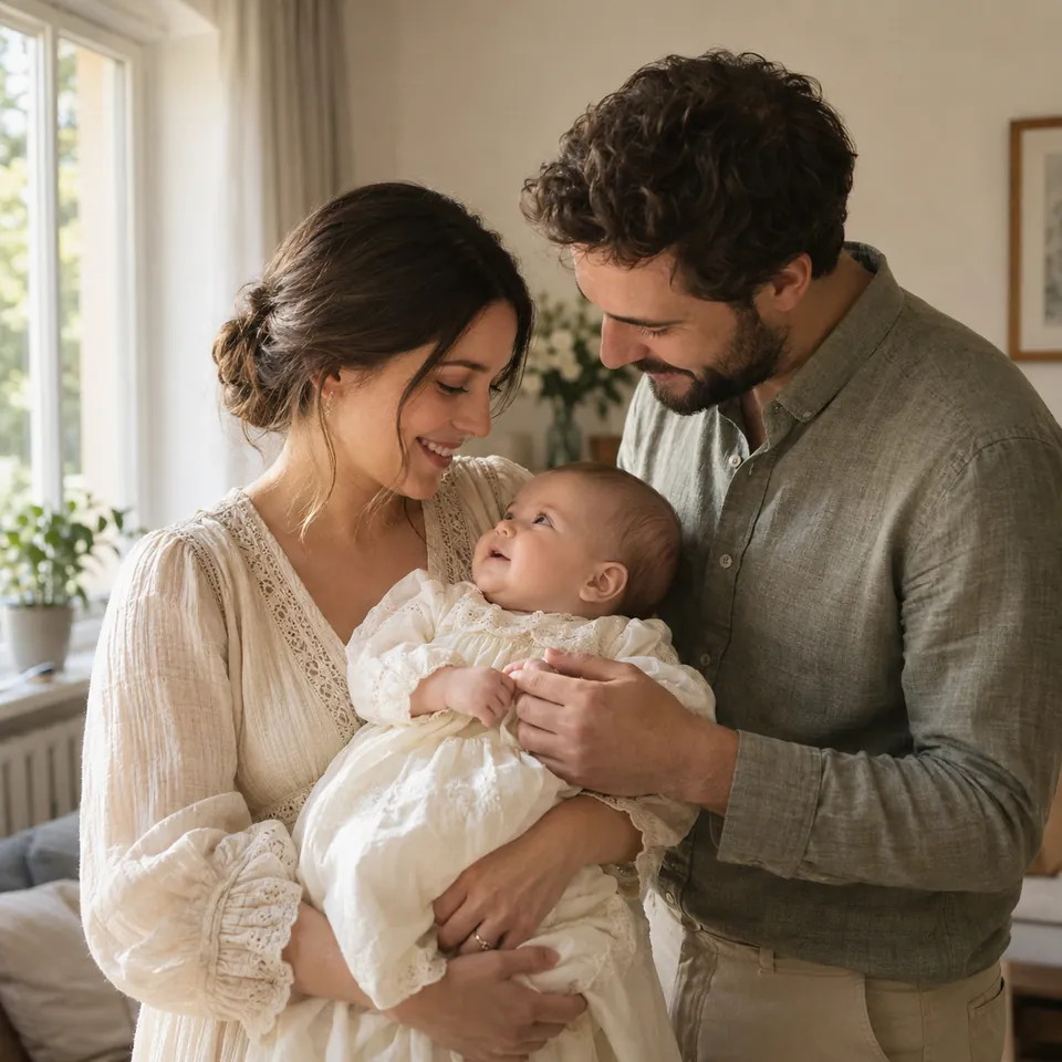 Two parents with their baby on a day of celebration.