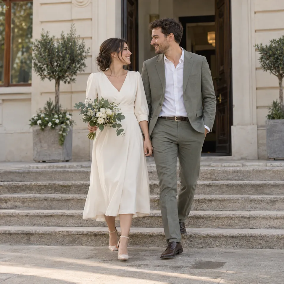 A couple celebrating their civil wedding on the town hall steps.