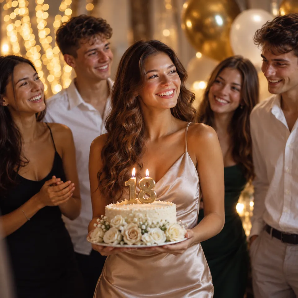 A young woman celebrating with friends, holding a cake with gold candles in the shape of the number 18.