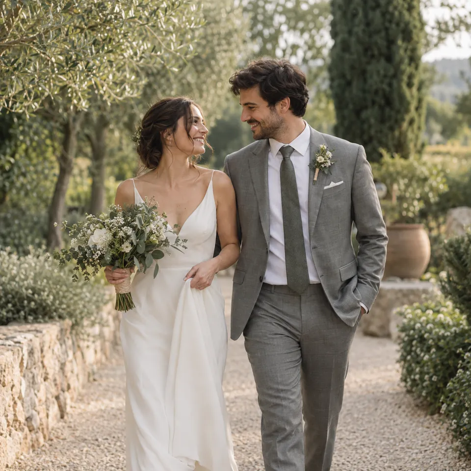 A newly married couple walking through a garden.
