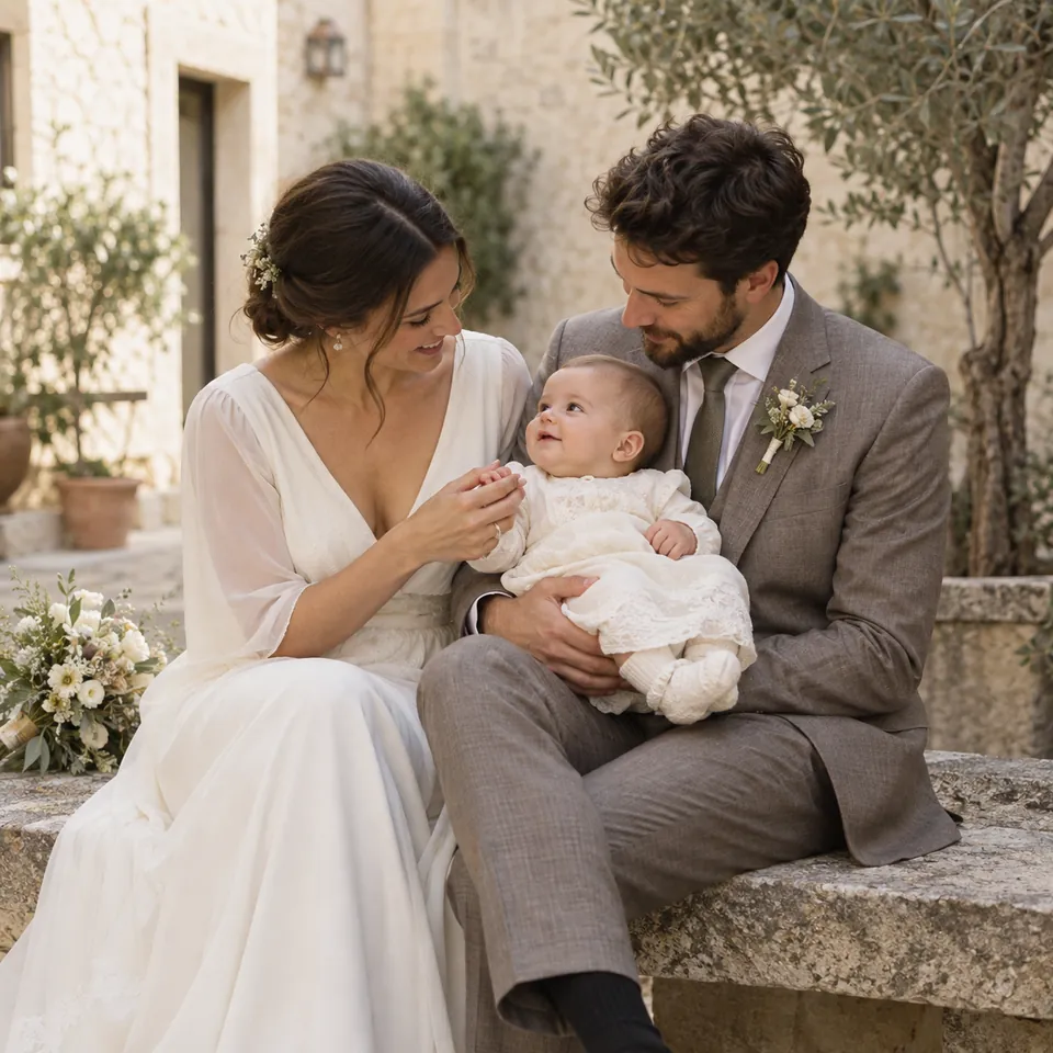 A couple in wedding clothes holding their baby.