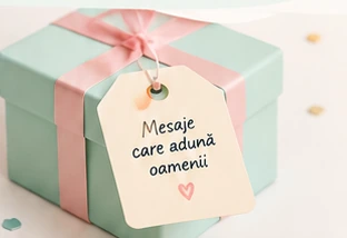A mint gift box with a pink ribbon and a tag reading “Messages that bring people together”.