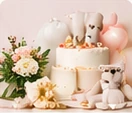 A festive cake with flowers and little teddy bears.