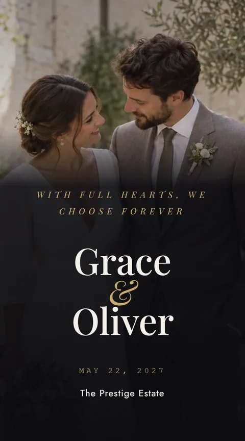 Digital wedding invitation opened on a phone, with the couple's names and date