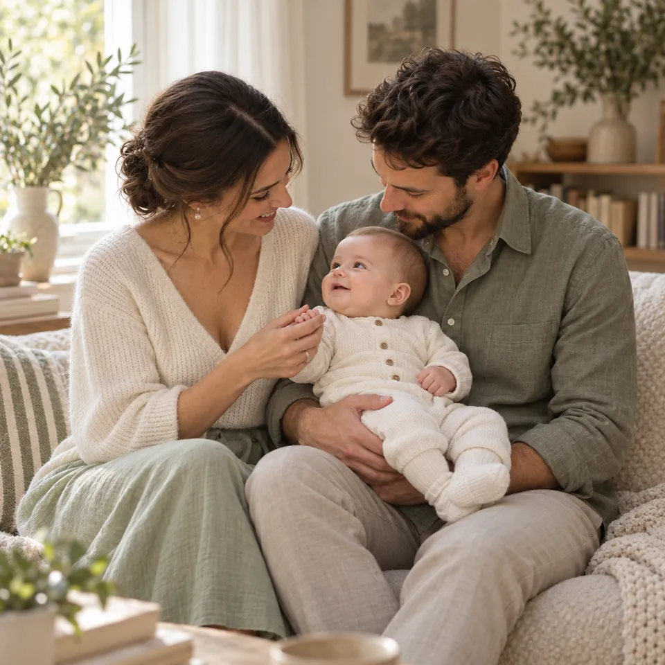 A young family with a baby, beside a window.