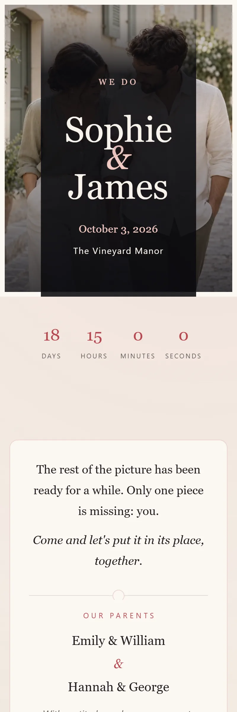 Online Wedding invitation, The Missing Piece template